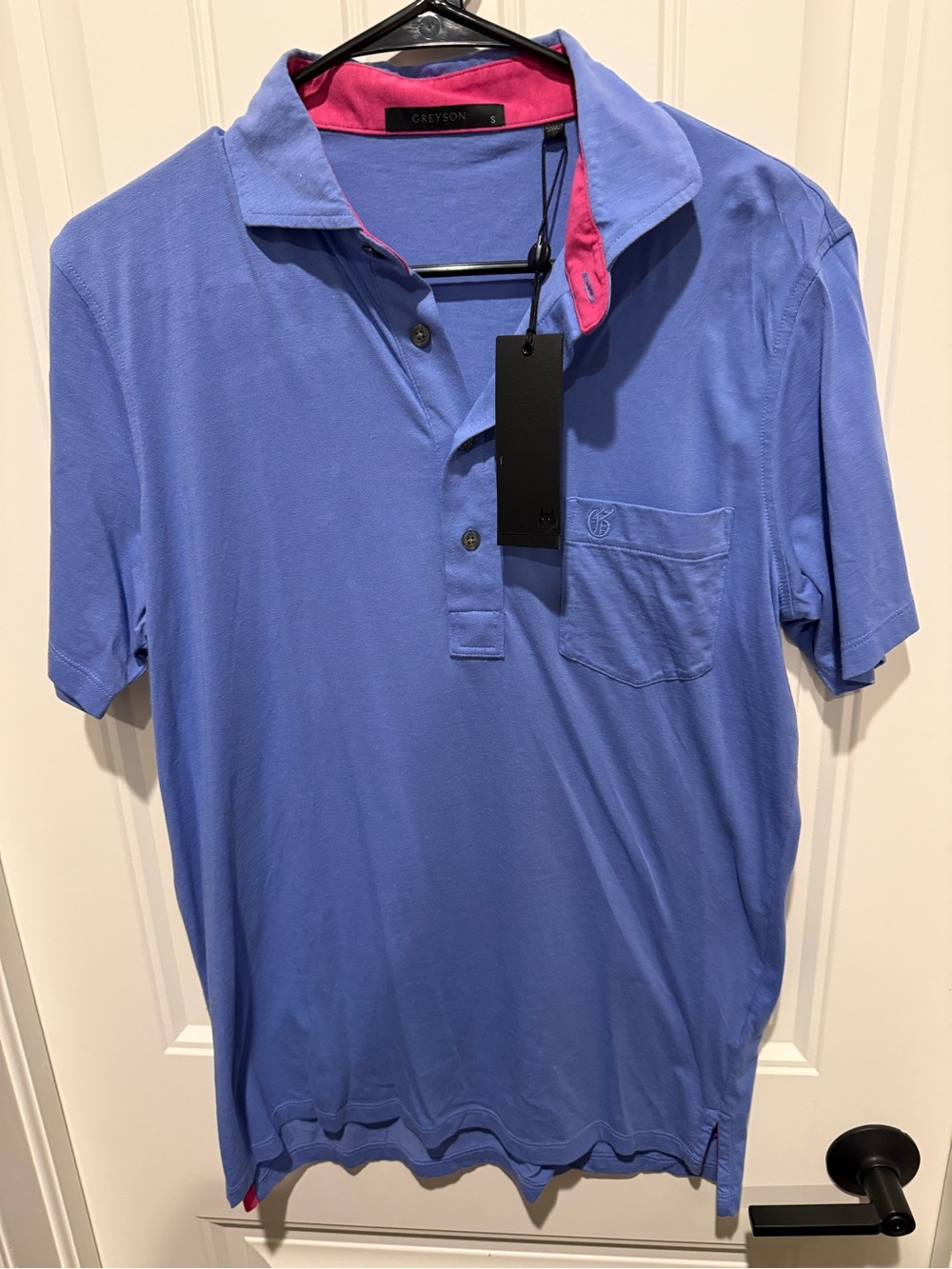 Greyson Men's Periwinkle Polo with Pink Collar Accent